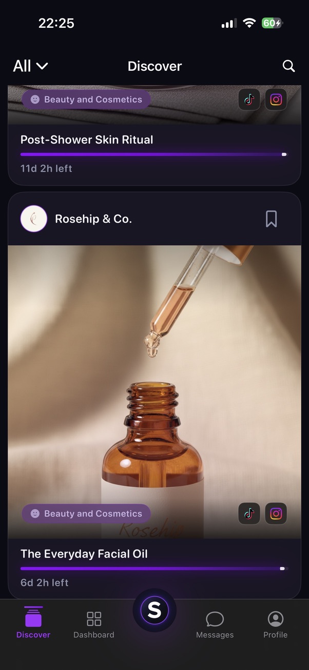 Spongle Discover screen on iPhone — Rosehip & Co. The Everyday Facial Oil
